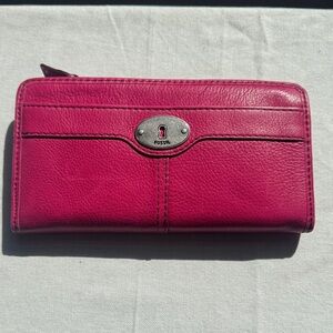 Fossil Hot Pink Leather Zip Around Wallet